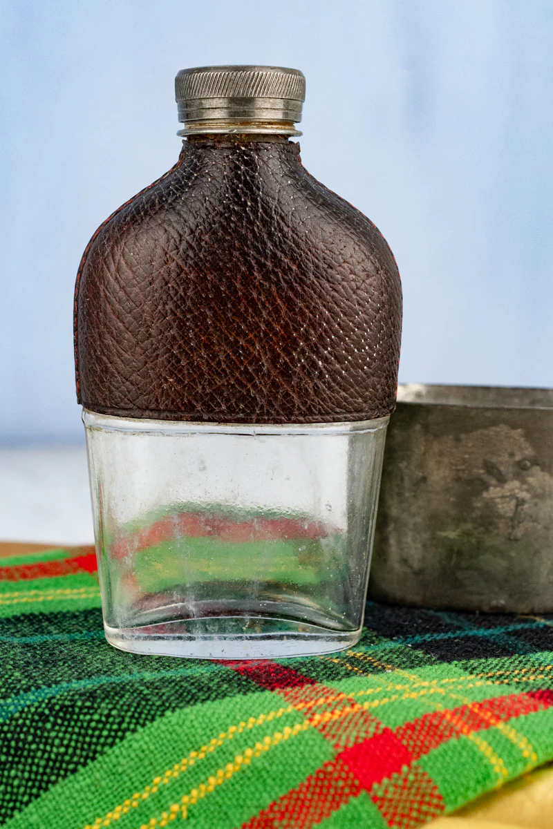 Antique English Pewter and Leather Flask with Cup - Image 2