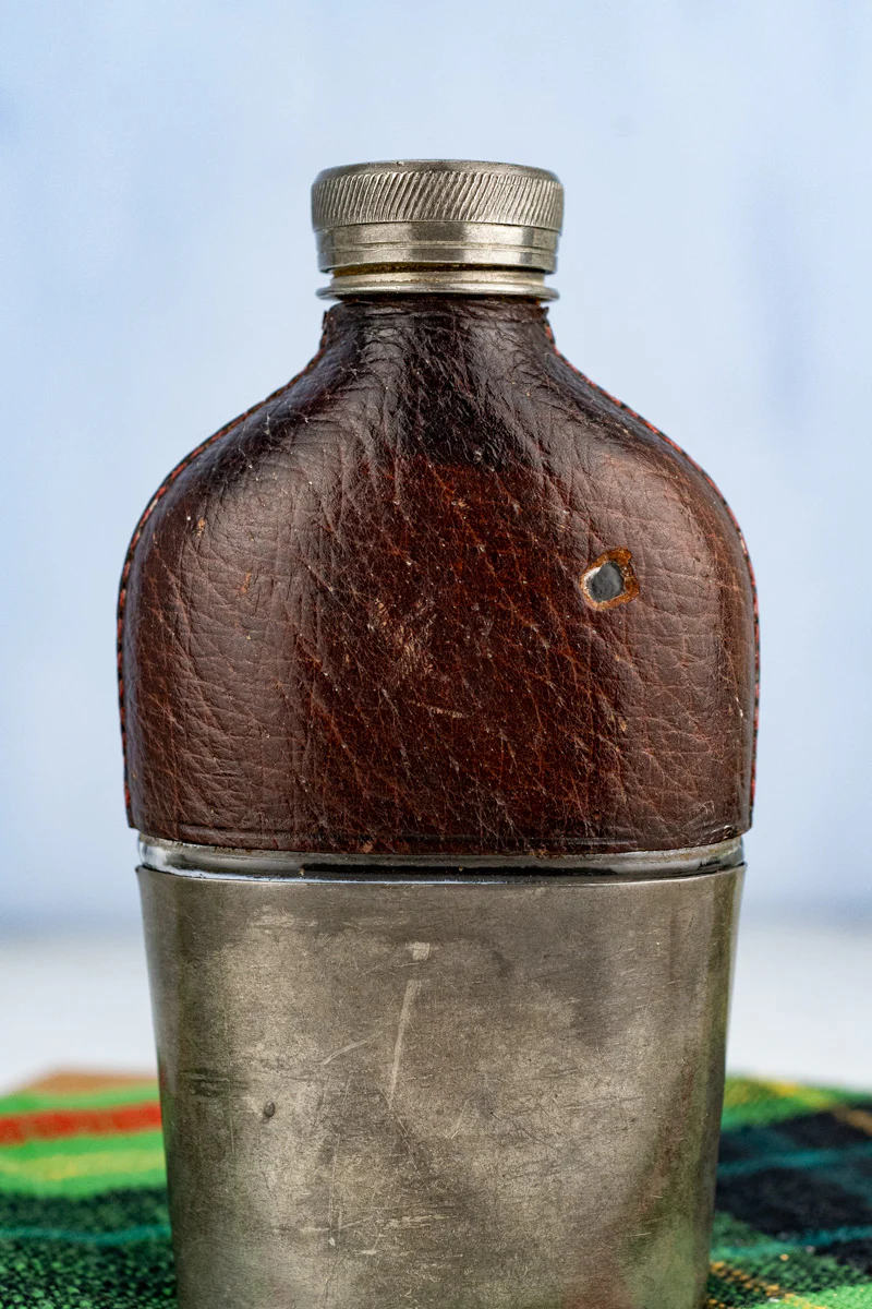 Antique English Pewter and Leather Flask with Cup - Image 3