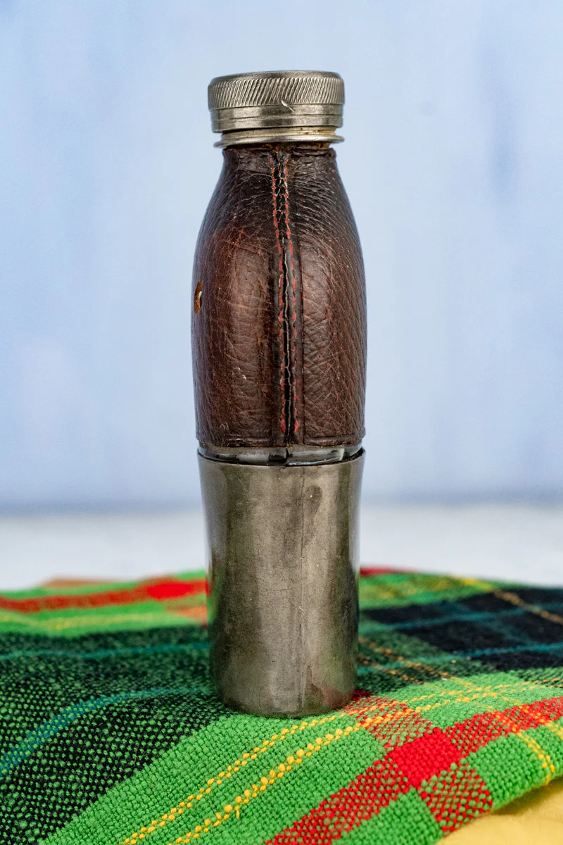 Antique English Pewter and Leather Flask with Cup - Image 5