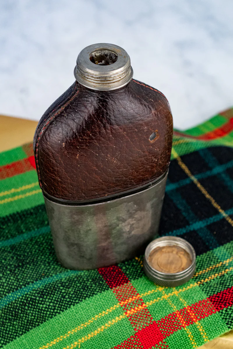 Antique English Pewter and Leather Flask with Cup - Image 9