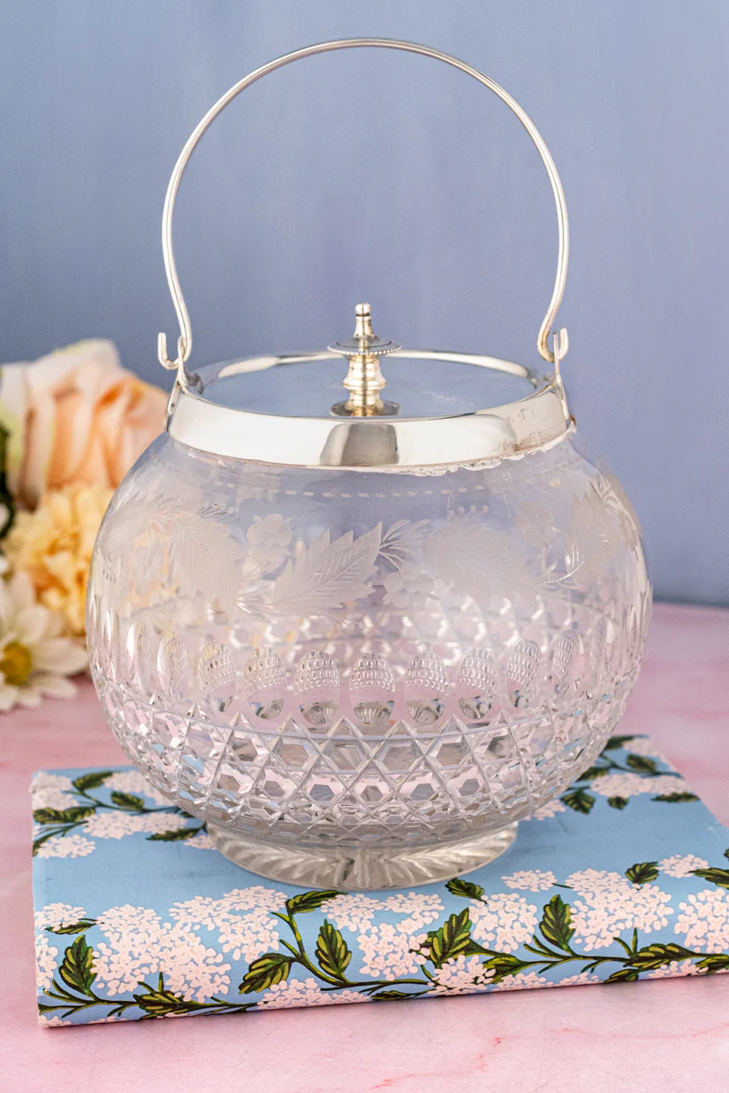 Antique English Engraved Crystal & Silverplate Biscuit Barrel - Image 2