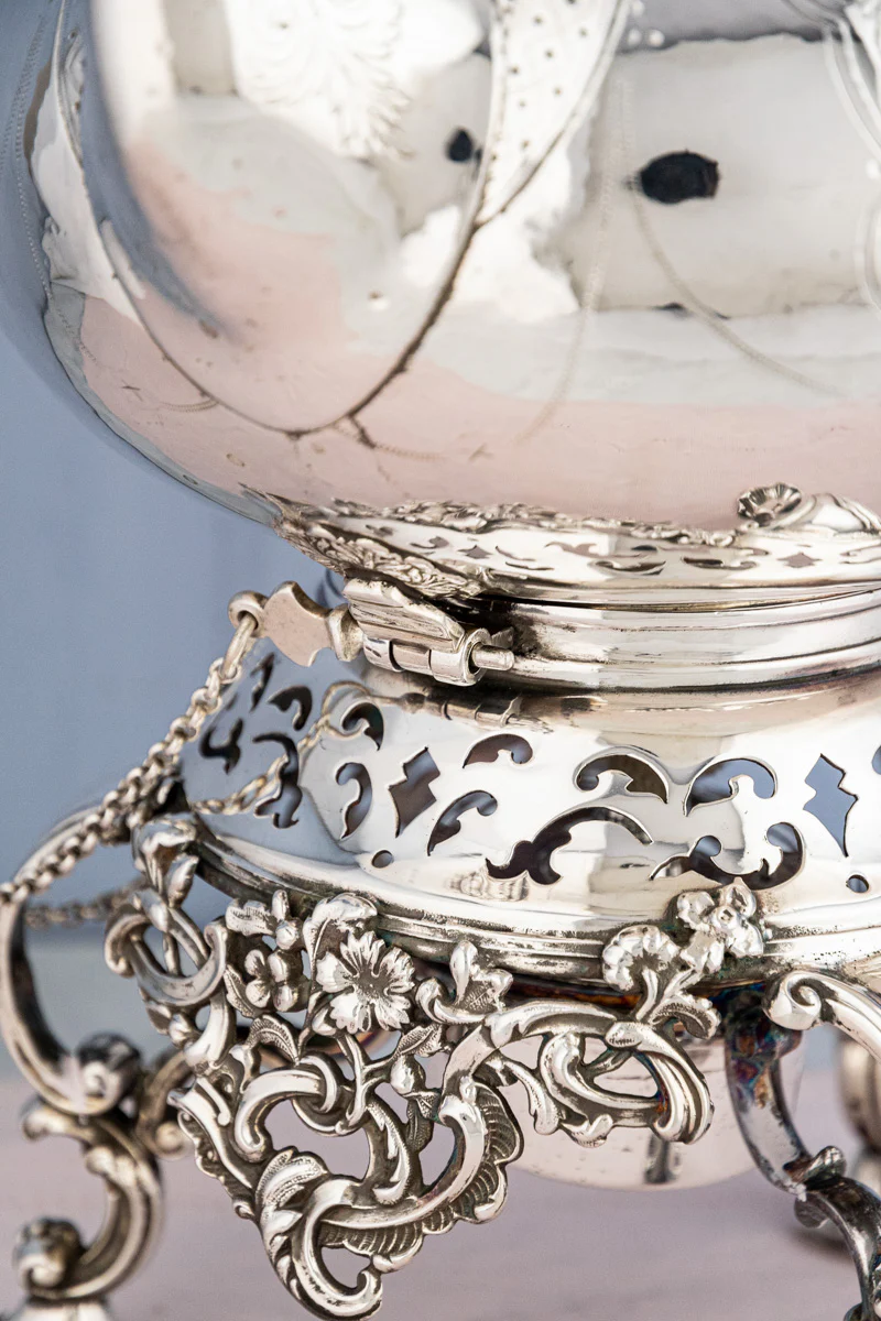 Antique Silverplate Tipping Pot on Warming Stand - Image 13