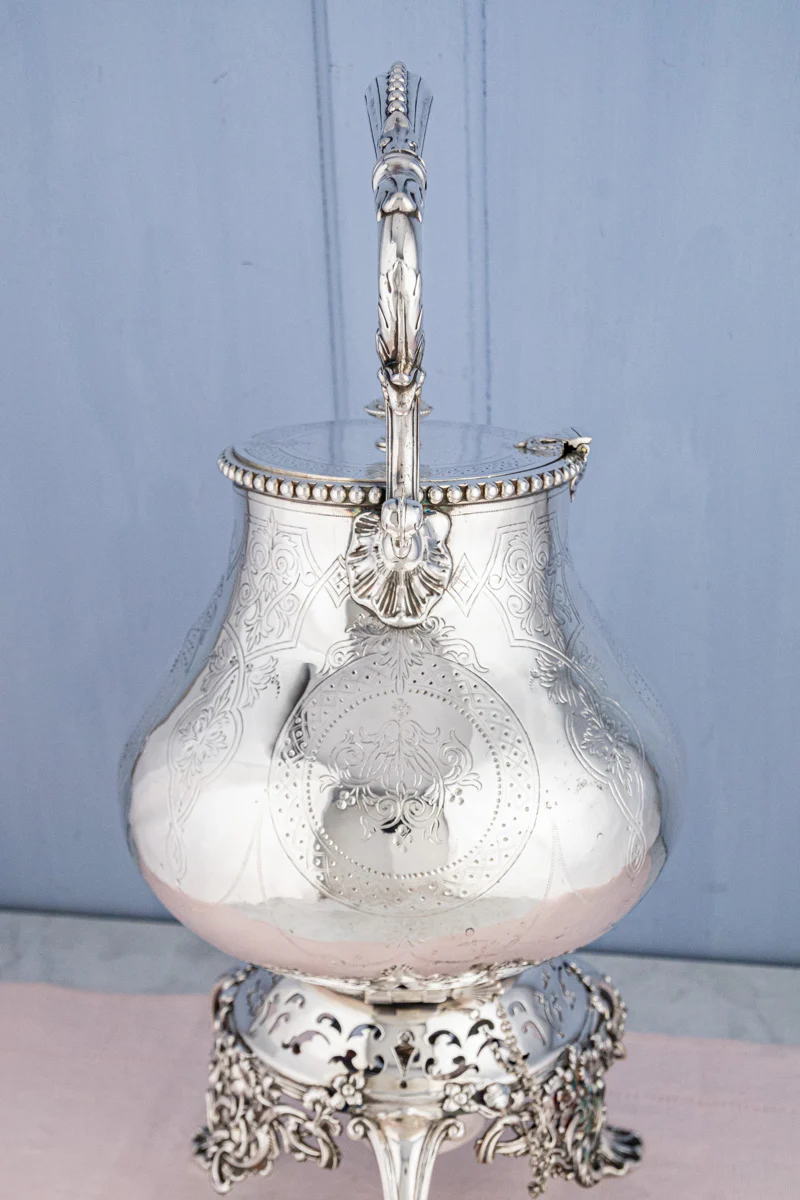 Antique Silverplate Tipping Pot on Warming Stand - Image 14