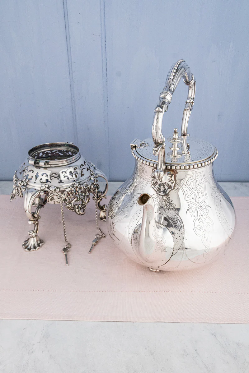 Antique Silverplate Tipping Pot on Warming Stand - Image 18