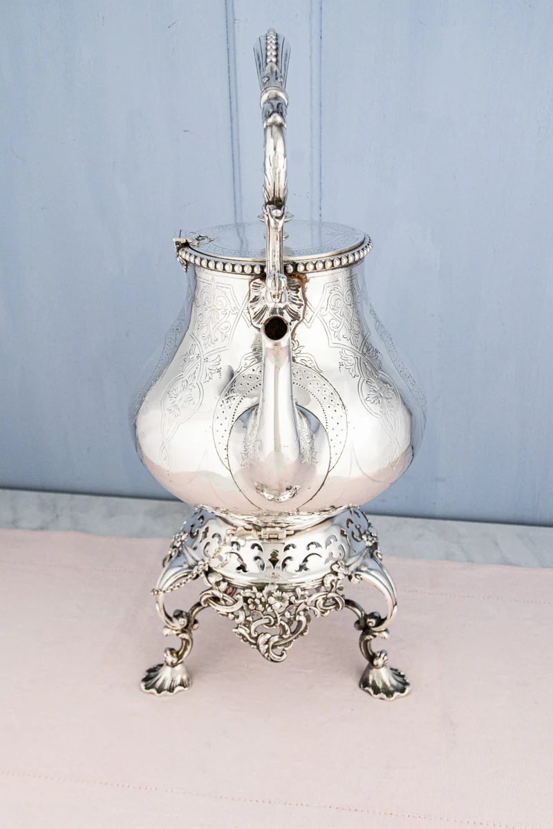 Antique Silverplate Tipping Pot on Warming Stand - Image 3