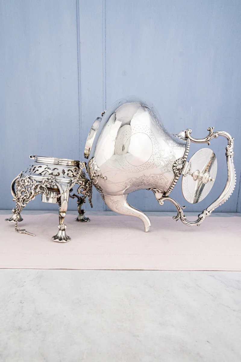 Antique Silverplate Tipping Pot on Warming Stand - Image 4