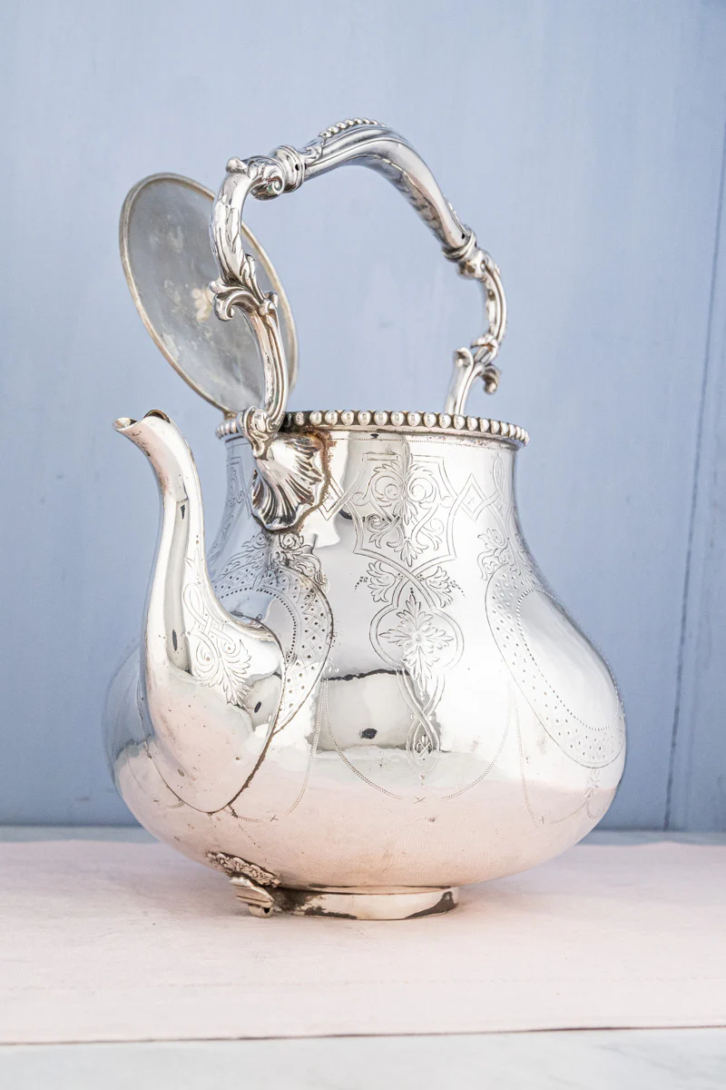 Antique Silverplate Tipping Pot on Warming Stand - Image 5