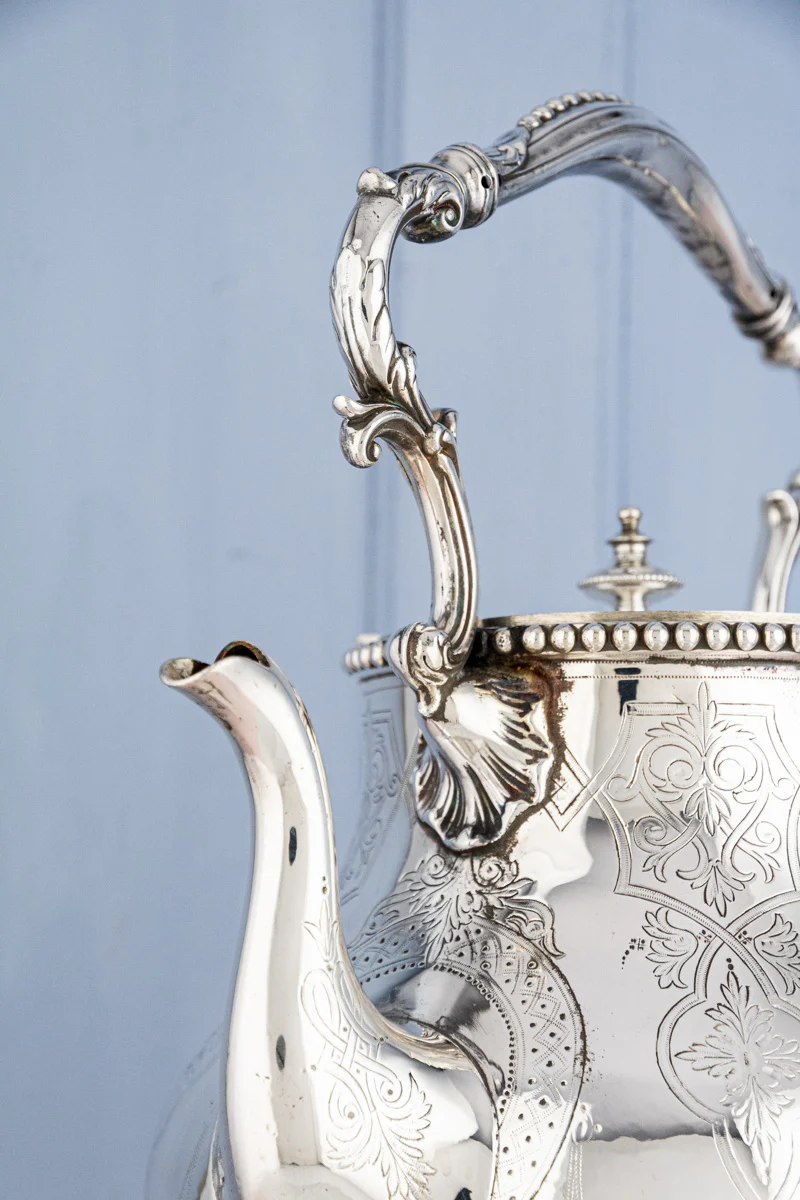 Antique Silverplate Tipping Pot on Warming Stand - Image 7
