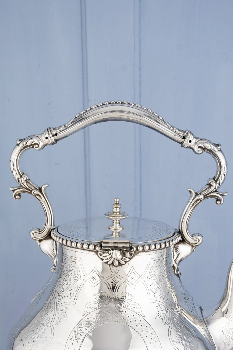 Antique Silverplate Tipping Pot on Warming Stand - Image 9