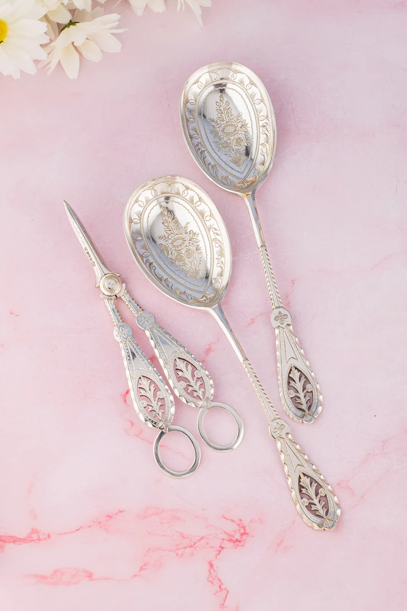 Victorian Silverplate 3-piece Fruit Set with Grape Shears - Image 2