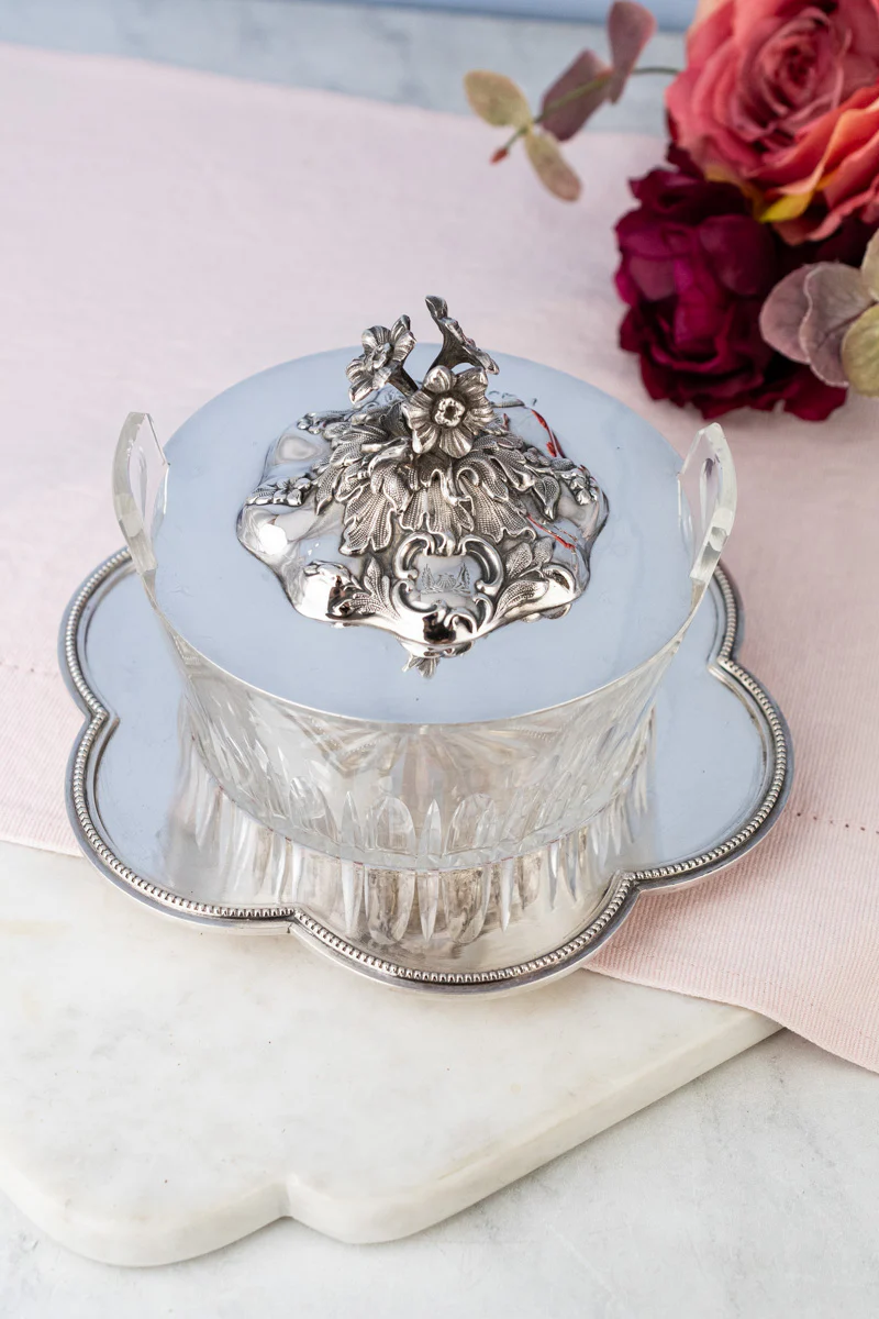 Victorian Glass & Silverplate Dish with Sterling Silver Lid - Image 2