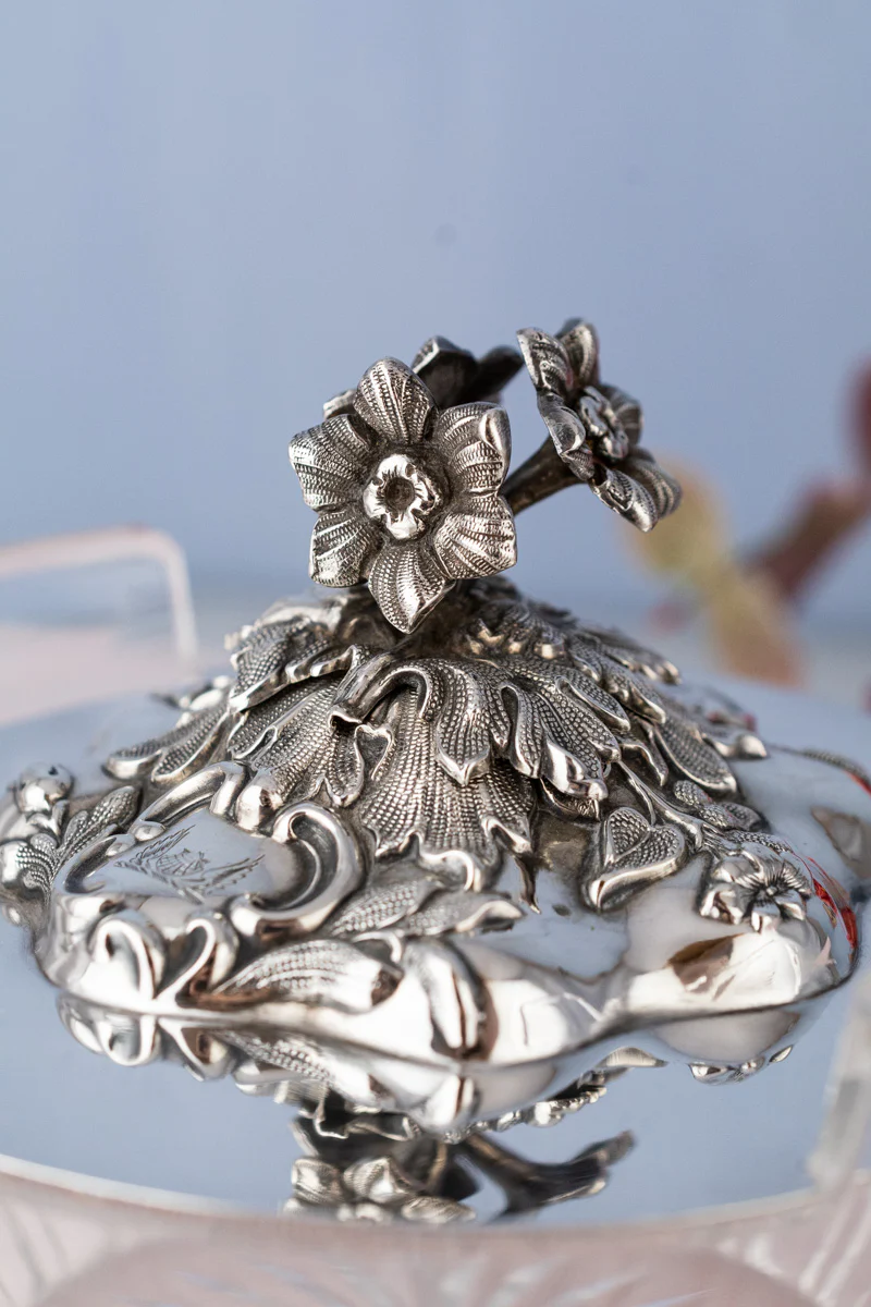 Victorian Glass & Silverplate Dish with Sterling Silver Lid - Image 5